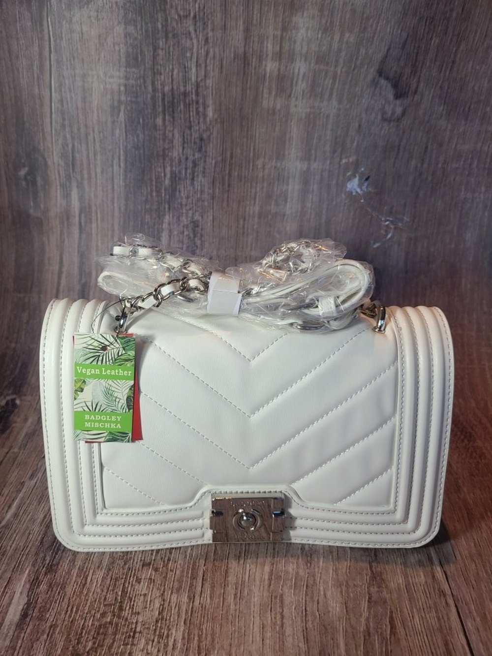 Badgley Mischka White Quilted Vegan Leather Shoulder Bag with Chain Strap